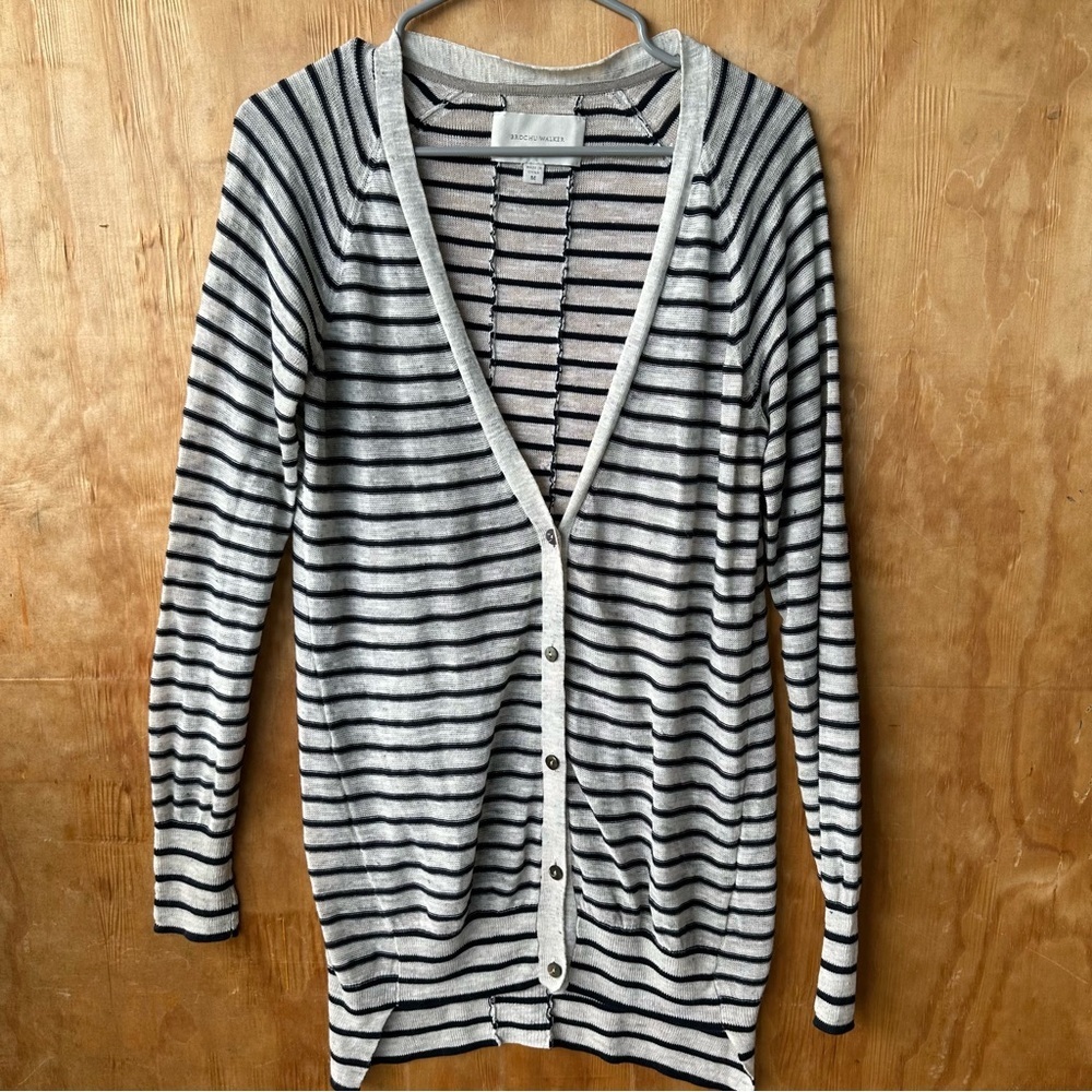 Brochu Walker Longline Linen Blend Gray and Black Stripe Cardigan